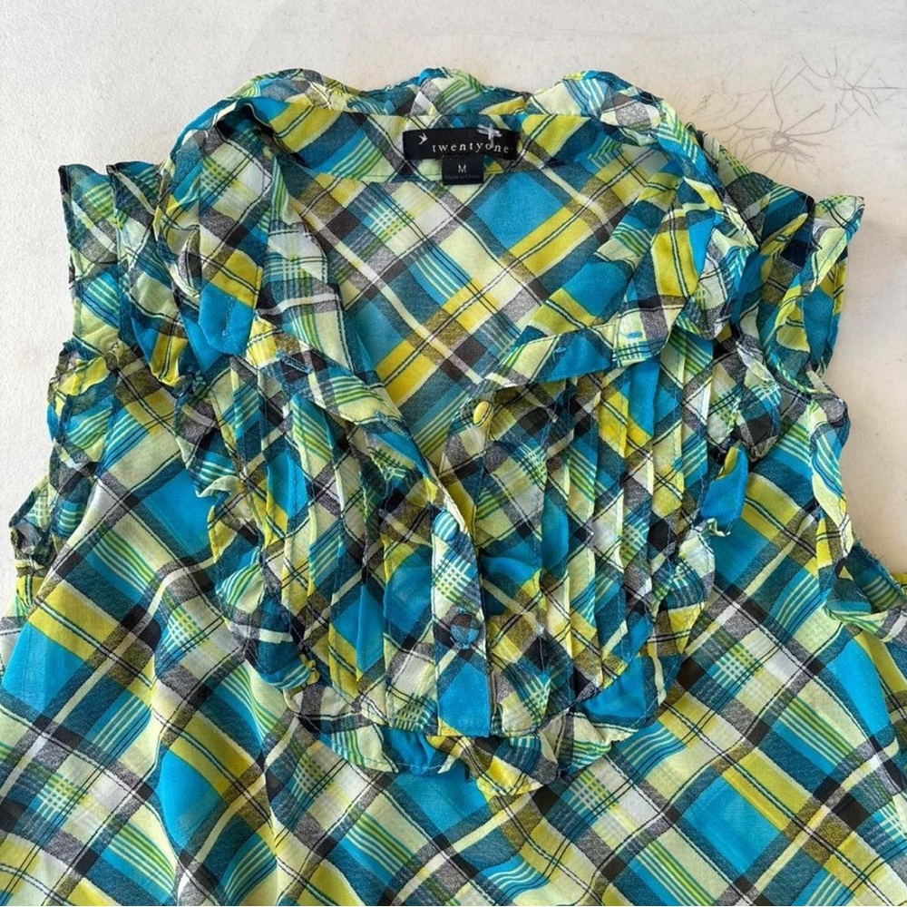 Y2K Forever 21 Blue and Green Plaid Blouse - Picture 4 of 5